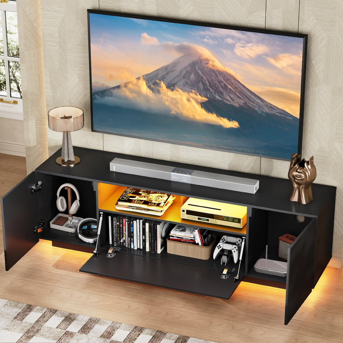 Black TV Stand with Storage Cabinets and Drawer O301