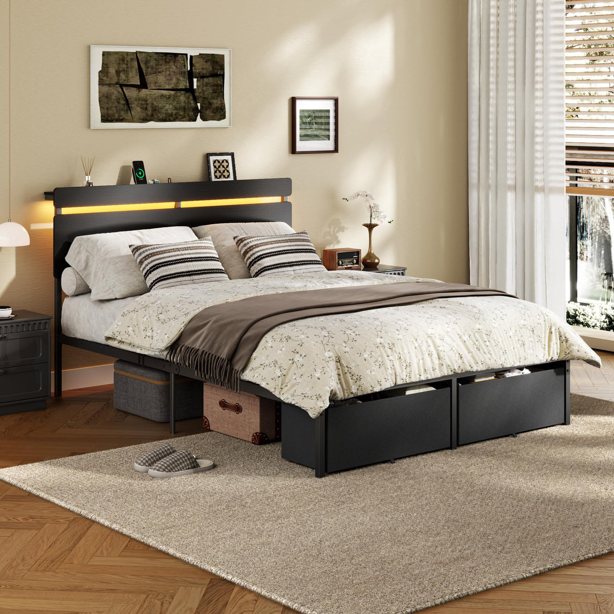 Full Size Bed Frame with Wood Headboard and Storage Drawers G85258