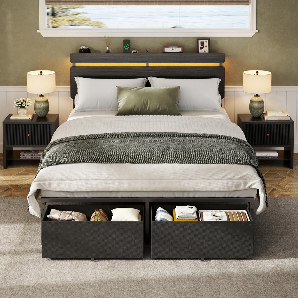Full Size Bed Frame with Wood Headboard and Storage Drawers G85258