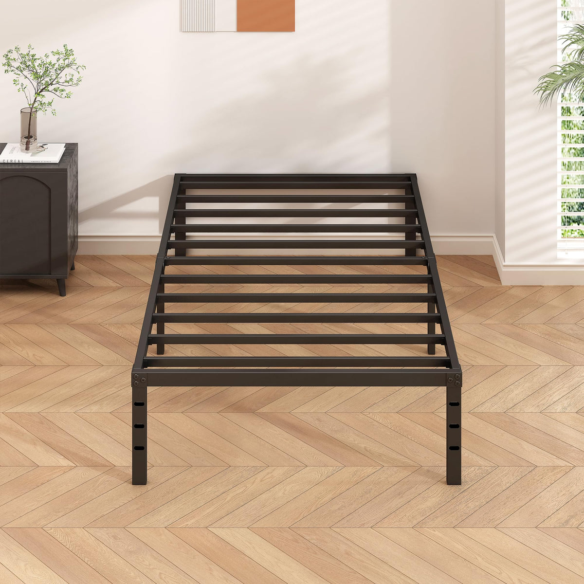 14 Inch Tall Black Metal Platform Twin Size Bed Frame L803
