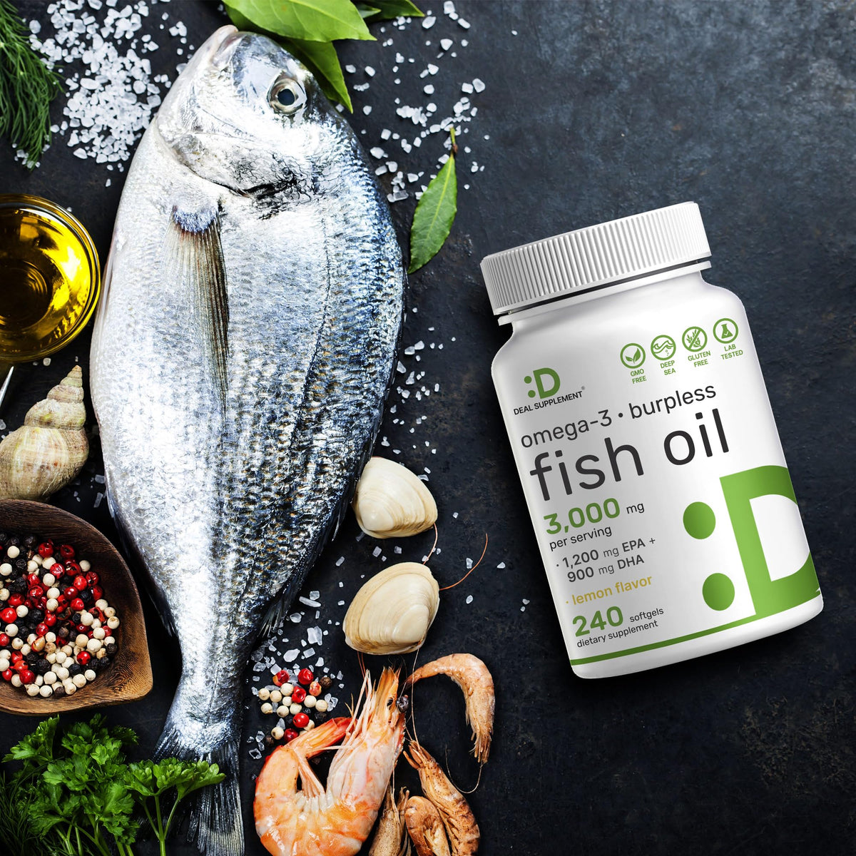 Omega 3 Fish Oil 3,000mg 240 Softgels EPA DHA Lemon Flavored B38862