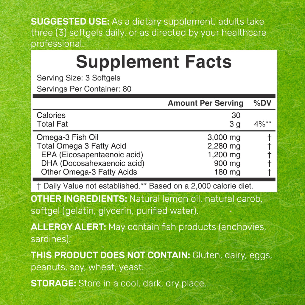 Omega 3 Fish Oil 3,000mg 240 Softgels EPA DHA Lemon Flavored B38862