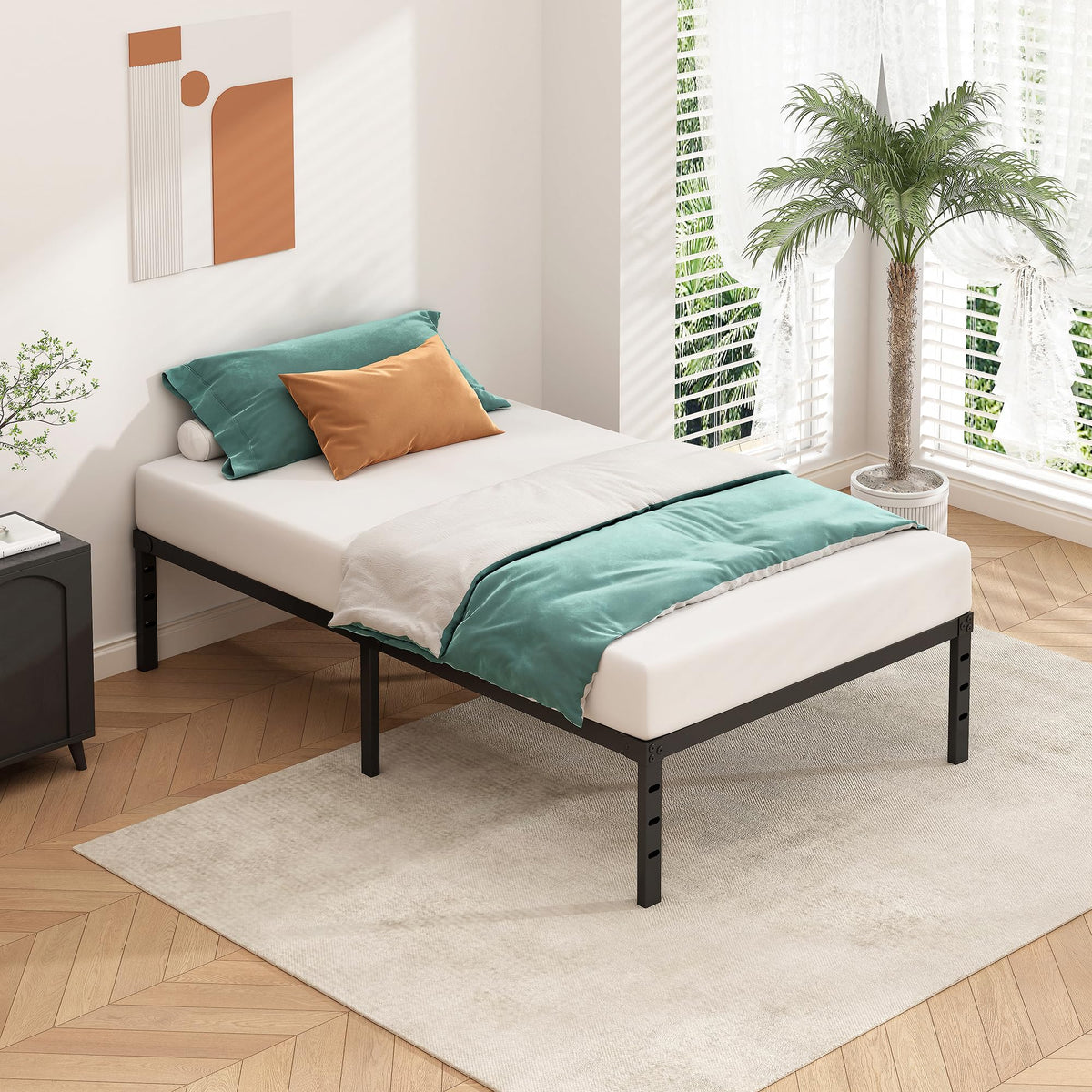 14 Inch Tall Black Metal Platform Twin Size Bed Frame L803