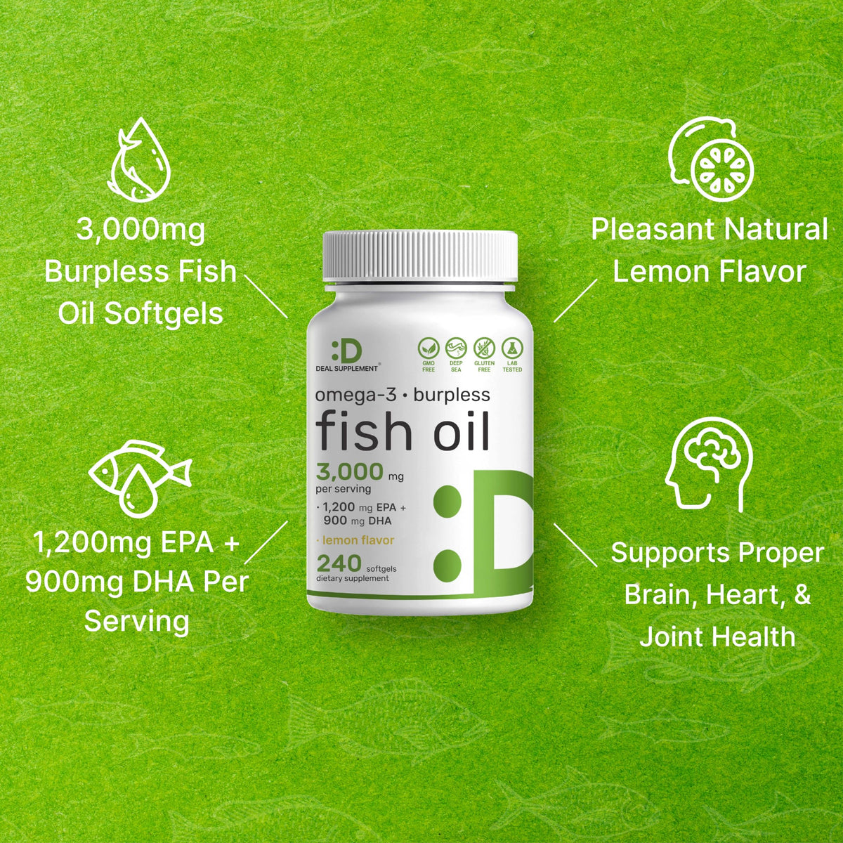 Omega 3 Fish Oil 3,000mg 240 Softgels EPA DHA Lemon Flavored B38862